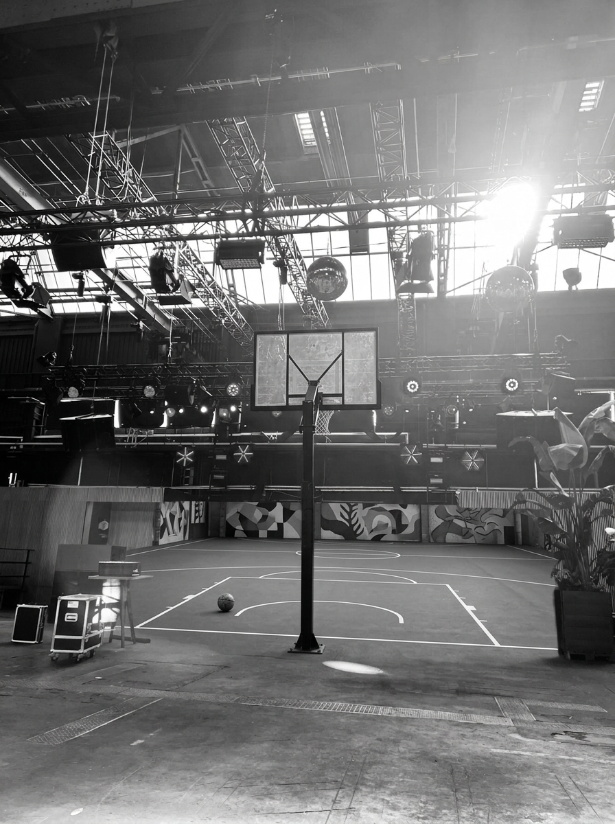 Street-basketball court and hoop in the sunlit industrial hall, edited concept visualization